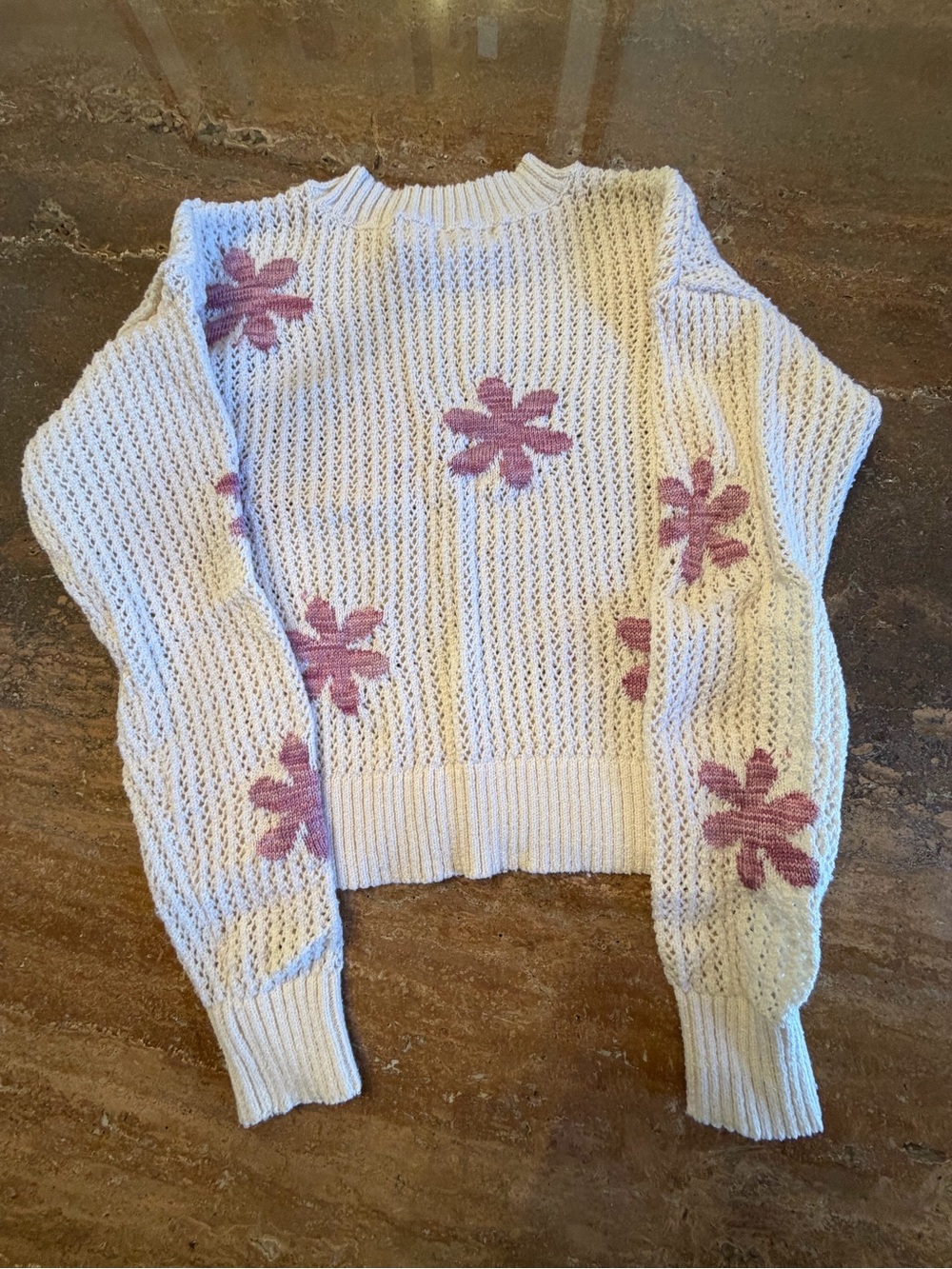Cream Crochet Pullover Sweater with Pink Floral Embroidery